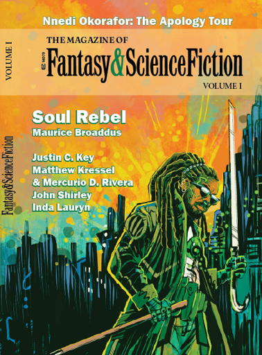 Cover of The Magazine of Science Fiction & Fantasy volume I (2025). Pictured is a cool older looking man with dreadlocks holding a Japanese looking sword up, that looks like it was unsheathed from a cane. He's cool and cyberpunk looking, with dark shades and a dark green jacket