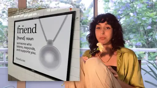 Woman shows picture of friend.com poster