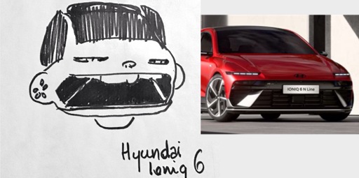 a picture of a hyundai ioniq 6 on the right, and the face of a little boy with black hair, roughly sketched with fiture that looks like the front of the car (wide open mouth, closed eyes and big black hair like the windshield of the car))