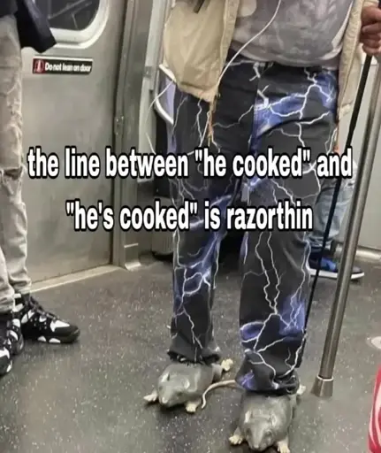 Picture of a person in pants covered with lighting and shoes that look like rats captioned: the line between "he cooked" and "he's cooked" is razorthin