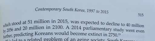 The top of page 515 of a book in the chapter "Contemporary South Korea, 1997 to 2015". It reads (continued from the previous page): "[...] which stood at 51 million in 2015, was expected to decline to 40 million by 2056 and 20 million in 2100. A 2014 parliamentary studyd went even further, predicting Koreans would become extinct in 2750."
