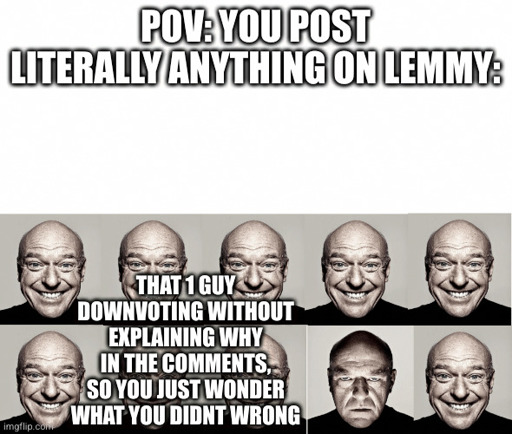 Image shows 10 images of the same bald man, 9 of them smiling and 1 frowning visibly. On the upper side of the image „POV: You post literally anything on Lemmy” is written. Beside the Image of the frowning bald man, „That 1 Guy downvoting without explaining why in the comments, so you just wonder what you did wrong” is written.